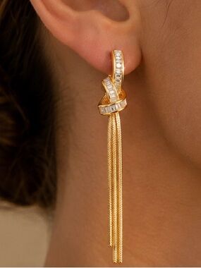 Gold Baguette Knot Tassel Earrings Luxury Evening Statement Jewelry